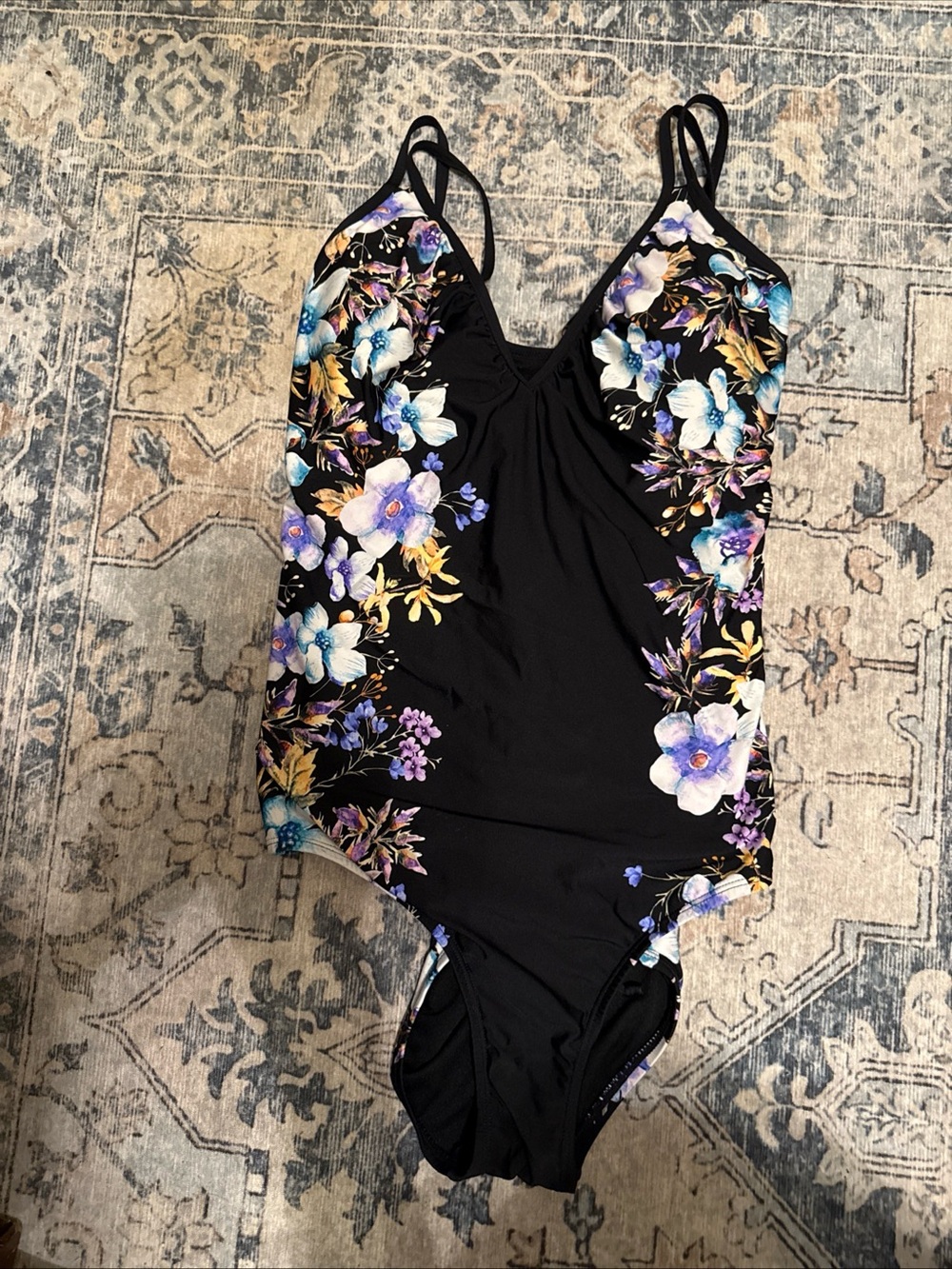 Women’s Floral One-Piece Swimsuit - Black with Purple & Blue Flowers Sz XL tall